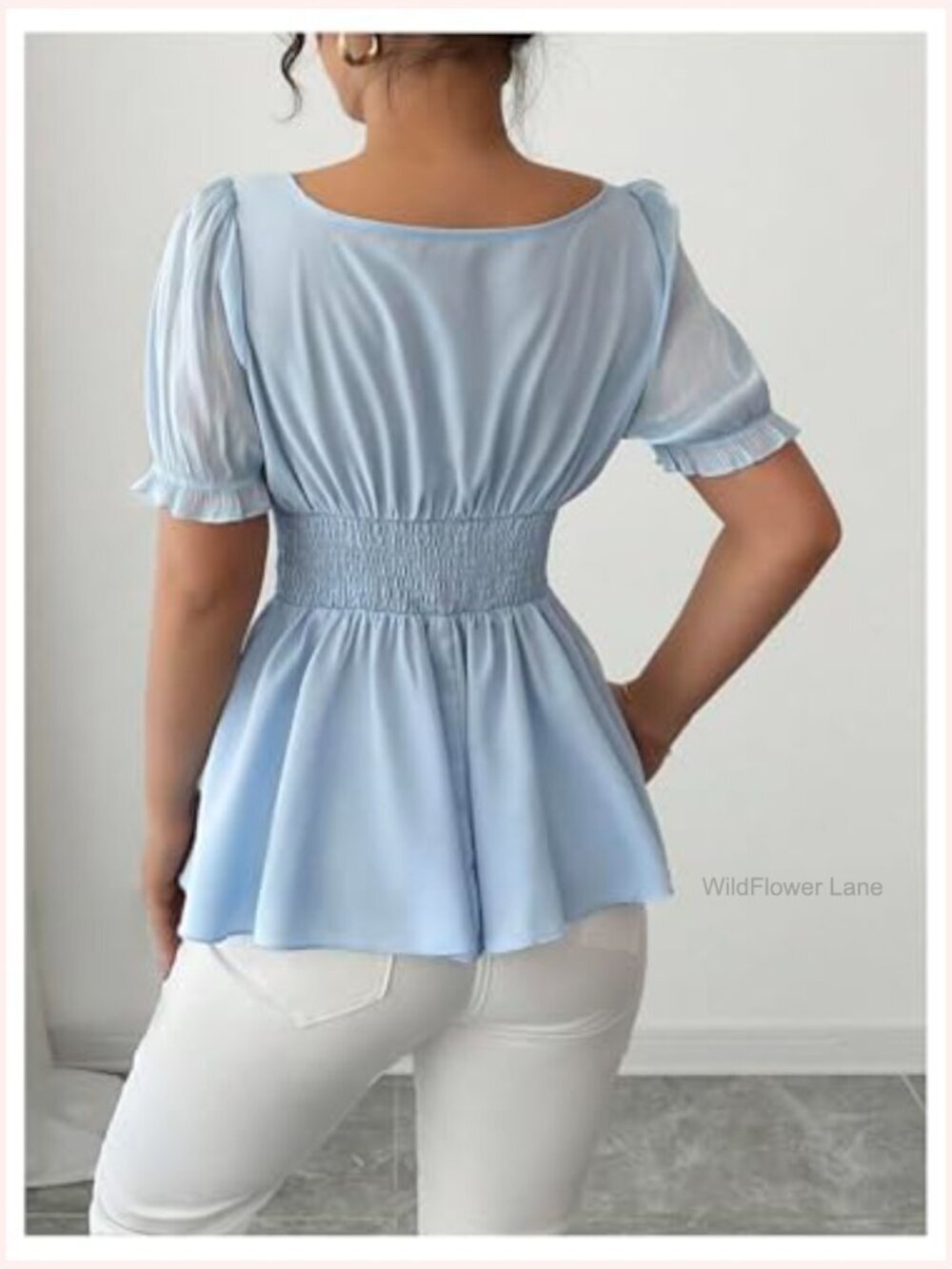 Women's Elegant Peplum Top with Puff Sleeve and Ruched Bust - Picture 3 of 5